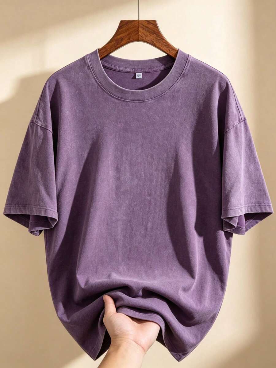 EWH 230g Thick Unisex Washed Vintage Oversized T-Shirt Street Hip Hop Punk Harajuku Casual Cotton Shorts DG004 - 紫色 - 查看 1