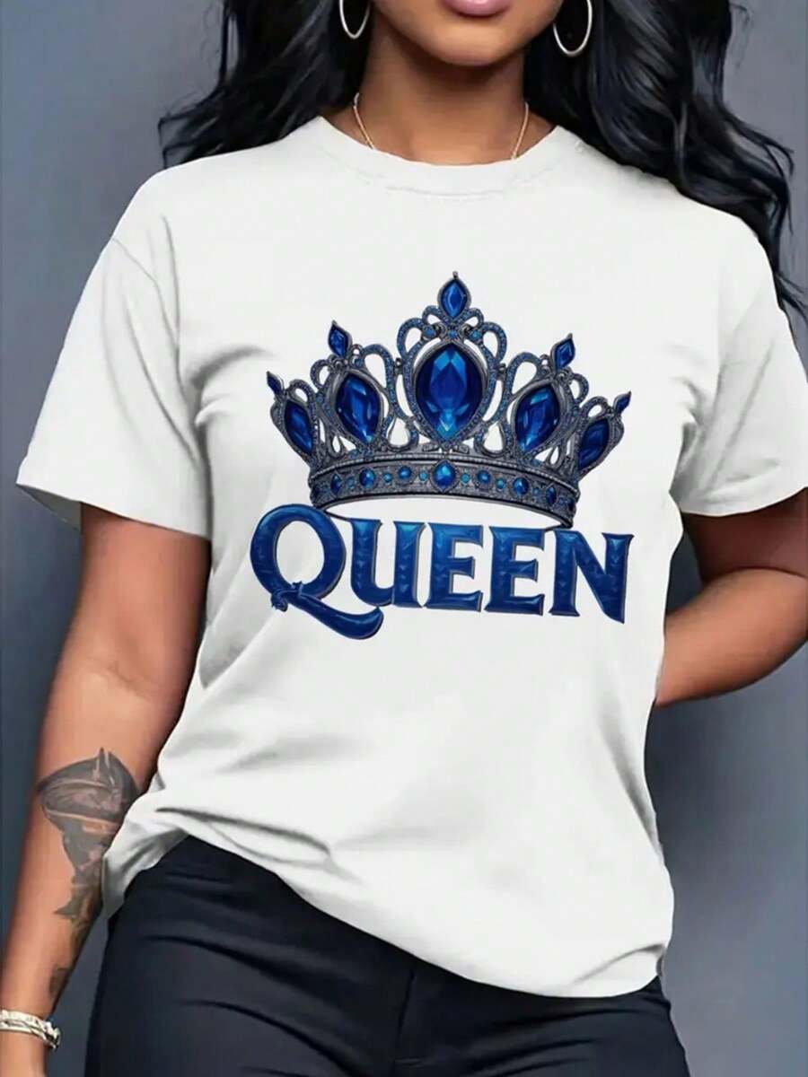 Camiseta de Mujer con Estampado de Letras de Anime, Cuello Redondo, Diseño Simple, Cómoda y Transpirable, Adecuada para Uso Diario Casual, Versátil, Muestra un Estilo Natural y Elegante, Esencial - Blanco - Ver 1