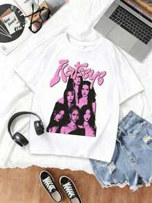 Baby Phat Jacket, Cat Eye Print T-Shirt For Teens And Girls, Valentine's Day Outfits For Women And Girls, Casual Short Sleeve Crew Neck T-Shirt - 白色 - 查看 7