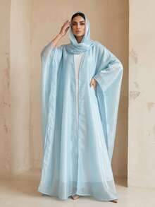 Hafizah New Middle Eastern Dubai Turkey Lily Sequin Robe With Headscarf - Baby Blue - View 3