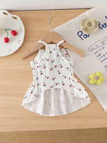 Cherry Print Suspender Dress, Breathable Pleated 3D Cherry Decor Cute Pet Clothes For Dogs & Cats, Summer - White - View 3