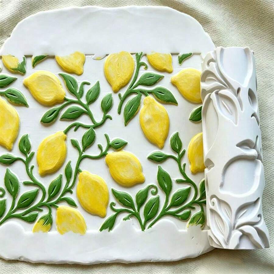 High-Detail Polymer Clay Texture Rolling Pin, Lemon Tree Leaf Texture, Deep Embossed Design, Featuring Stylized Lemons, Curling Vines, And Intricate Leaves. Suitable For Ceramic, Wall And Floor Texture Rolling, Crafts And Handmade Art Projects, Jewelry DIY Making - A - View 1