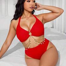Swim  Plus Size Women Holiday Beach O-Ring Chain Bikini Set For Summer Beach Vacation - Dorado - Ver 2