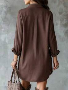 Plus Size Women's Brown Long Sleeve Polyester Button-Up Shirt Dress, Lapel Collar, High-Low Hem Design, With Pockets - Brown - View 2