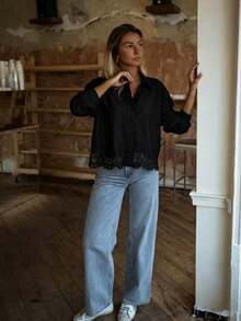 Women's Elegant Casual Contrast Lace Front Button Blouse - Black - View 5