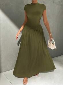 Vestido de línea A de manga corta, de cuello, ajustado, con bajo asimétrico, de uso diario, de estilo minimalista y elegante - Verde militar - Ver 7