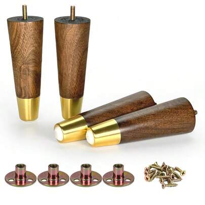 Bộ 4 chân bàn ghế gỗ có nắp chụp mạ vàng, thay thế cho ghế sofa, tủ, kệ tivi, giường (Màu nâu đậm - 4 inch/6 inch)