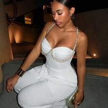 Slayr Spring/Summer Elegant Sexy Vacation Pearl Chain Decor Camisole Jumpsuit, Suitable For Wedding, Party - Blanco - Ver 3