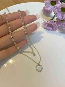 1 buah Kalung Berlapis Hati Minimalis Elegan Gaya INS dengan Rhinestone & Mutiara Imitasi yang Dipersonalisasi, Aksesori Serbaguna untuk Pemakaian Sehari-hari & Acara Formal, Hadiah Luar Biasa untuk Ulang Tahun Pacar/Sahabat - Yellow Gold - View 6
