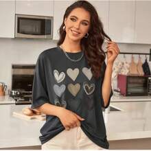 Camiseta de Mujer con Estampado de Corazón, Divertida, de Manga Corta para Verano - Negro - Ver 2