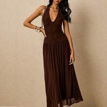Women's Polka Dot Print Casual Sleeveless Long Dress - Marrón - Ver 2