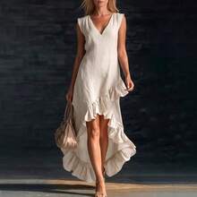 Vestido Largo de Algodón y Lino 2026 Verano, Sin Mangas Cuello V con Volantes en el Borde Inferior - Rosa - Ver 3