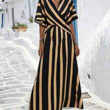 Holidaya Women's Yellow Striped Loose Vacation Spring/Summer V-Neck Fit-And-Flare Dress, Suitable For Vacation, Casual, Home And Daily Activities - Caqui - Ver 5