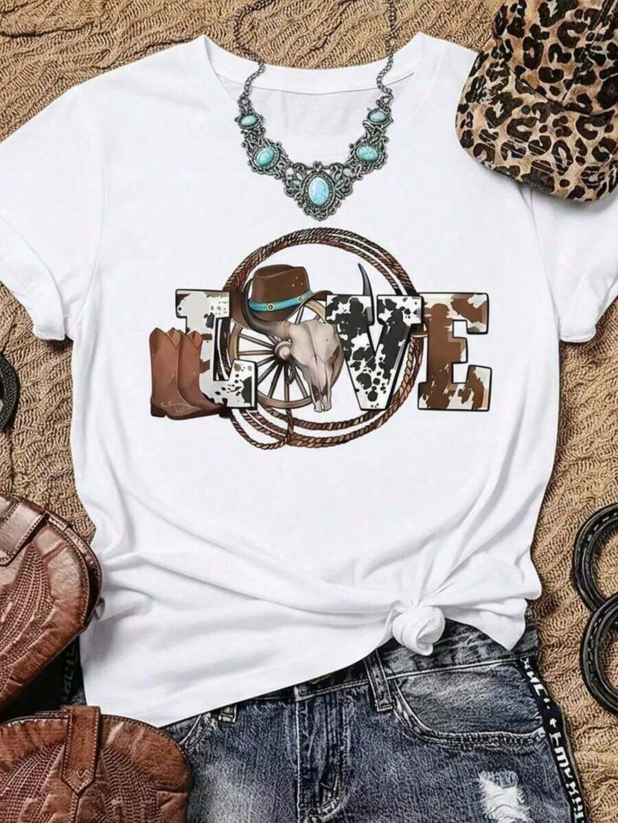 Camiseta femenina casual estilo vaquero con estampado de letras LOVE y elementos western, tela suave, corte holgado, cuello redondo, manga corta para primavera/verano fiestas al aire libre - Blanco - Ver 1