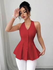 Camisa sin mangas con cuello en V, abotonada, con pliegues a la cintura y línea A, casual y elegante, adecuada para la oficina, vacaciones, primavera/verano - Rojo - Ver 1