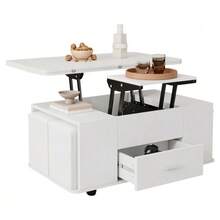 Height Adjustable Coffee Table, Sofa Side Table, 4-In-1 Multifunctional Coffee Table Convertible Into A Living/Dining Room Table, Coffee Table With Drawers, With 4 Stools, White. - White - View 7
