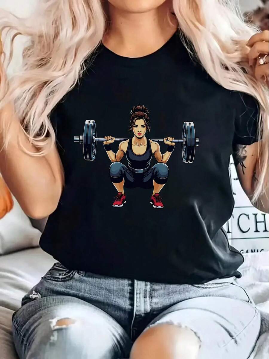 Camiseta con Estampado Gráfico de Entusiasta del Fitness para Mujer - Suave, Elástica, Transpirable, Cuello Redondo para Gimnasio, Deportes al Aire Libre y Uso Casual - Comodidad para Todas las Temporadas, Ropa de Gimnasio, Camiseta de Tela Suave - Negro - Ver 1
