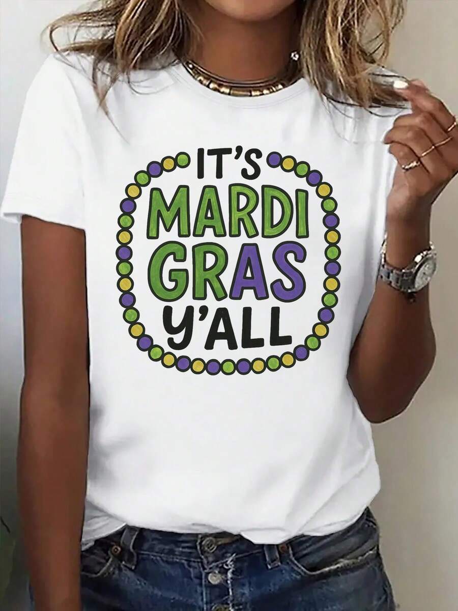A Women's Short-Sleeved Printed T-Shirt With A Stylish Crew Neck And A Festive Hand-Drawn Letter Print, Perfect For Fashionable Outings. This Comfortable T-Shirt Is A Spring And Summer Staple, Ideal For Outdoor Activities. - 白色 - 查看 1