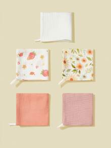 Bộ 5 chiếc yếm ăn cho bé bằng vải cotton mỏng in hình hoa và động vật hoạt hình, khăn ăn, khăn lau nước bọt. - Nhiều màu - Xem 4