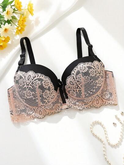 Große Größen CD Tasse Spitze Kontrastfarbe Sexy Damen BH, Komfortabler Tiefer V-Ausschnitt Lift Alltags Dessous