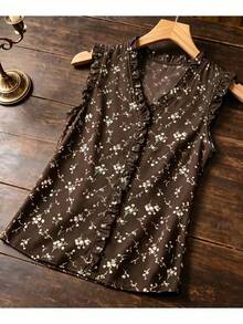 Áo kiểu Anyi New French Ditsy Floral Summer Chiffon Ruffle Hem Sleeveless Casual Commuter Cute V-Neck Refreshing Blouse - màu nâu - Xem 2
