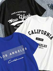 Envío aleatorio Prenda individual, no un conjunto de 3 piezas, 1 piezas/set de camisetas de manga suitable for streetwear, Top oversized cuello redondo daily outings, camping, concerts, hip-hop, rock, and rap events, cuello redondo y mangas cortas, estampadas con letras, mezcla de poliéster elástico - Negro - Ver 3