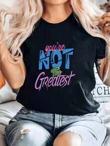 Women's Letter Print T-Shirt, Summer Fashion For Women, Casual, Comfortable, Soft, Suitable For Daily Outdoor Activities, Fitness, Breathable, Round Neck And Short Sleeve, 180g | Exquisite Design | Loose And Comfortable | Easy To Match | - 黑色 - 查看 7