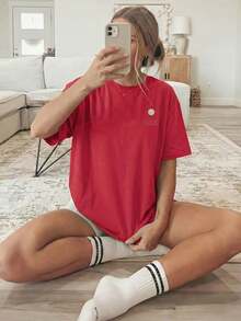 [Double-Sided Print] Women's Spring/Summer Loose Casual Clothing, Short-Sleeve Crew Neck T-Shirt, Sun And Wave Print - Vintage Urban Style, Unisex Cotton Loose Short-Sleeve Crew Neck T-Shirt - 紅色 - 查看 3