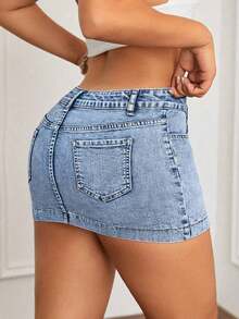 Minifalda de mezclilla ajustada y de tiro bajo lavada, con estilo callejero sexy para el verano - Lavado ligero 5 - Ver 2