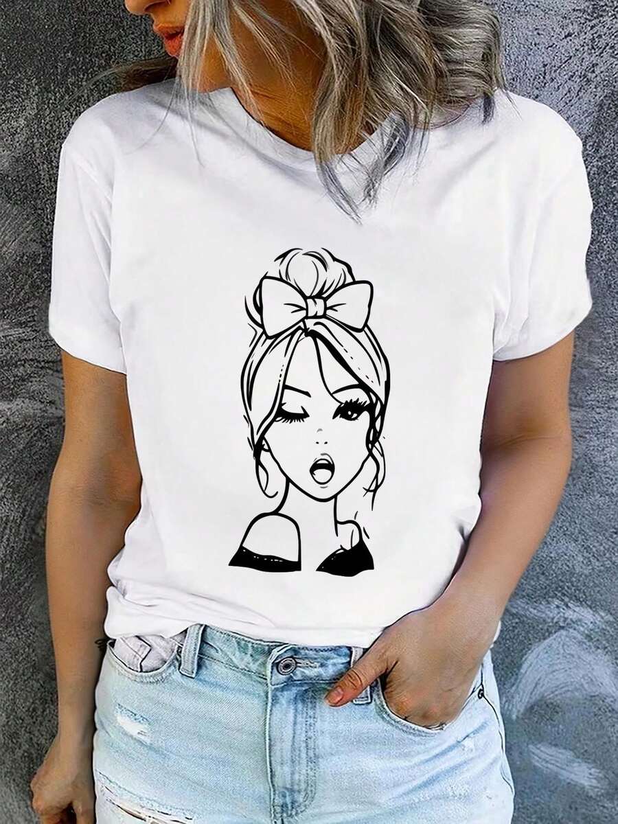 1 Women's Summer Short Sleeve T-Shirt With Print, Modern And Casual, Machine Washable, Comfortable Fit, 2D Flat Print, 180g, 100% Cotton. - 白色_08 - 查看 1