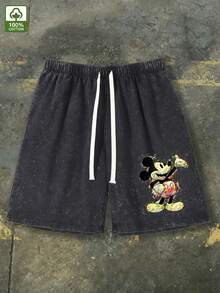 Disney Men's 290g Washed Cotton Shorts, Graffiti Mickey Print, Loose Fit, Cool Streetwear Shorts. - 黑色 - 查看 2