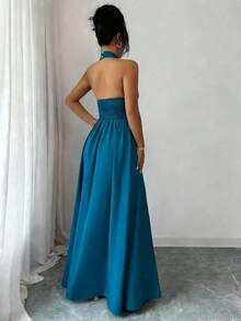 Elegante vestido sin mangas con cuello en V, diseño hueco en la cintura y pliegues, color morado, nueva llegada de primavera/verano - Agua verde azul - Ver 2