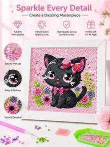 一套可爱的猫咪图案5D DIY钻石画套装 - 卡通动物小猫钻石马赛克艺术套装，节日手工艺品。这款炫彩钻石画套装包含画布、钻石袋、工具，尺寸为5.9英寸*5.9英寸。 - 彩色 - 查看 2