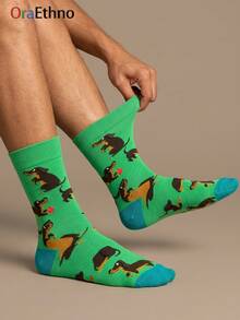 1 Pair Unisex Green Dachshund Pattern Contrast Toe Polyester Breathable Novelty Crew Socks For Daily Wear - Multicolor - View 1