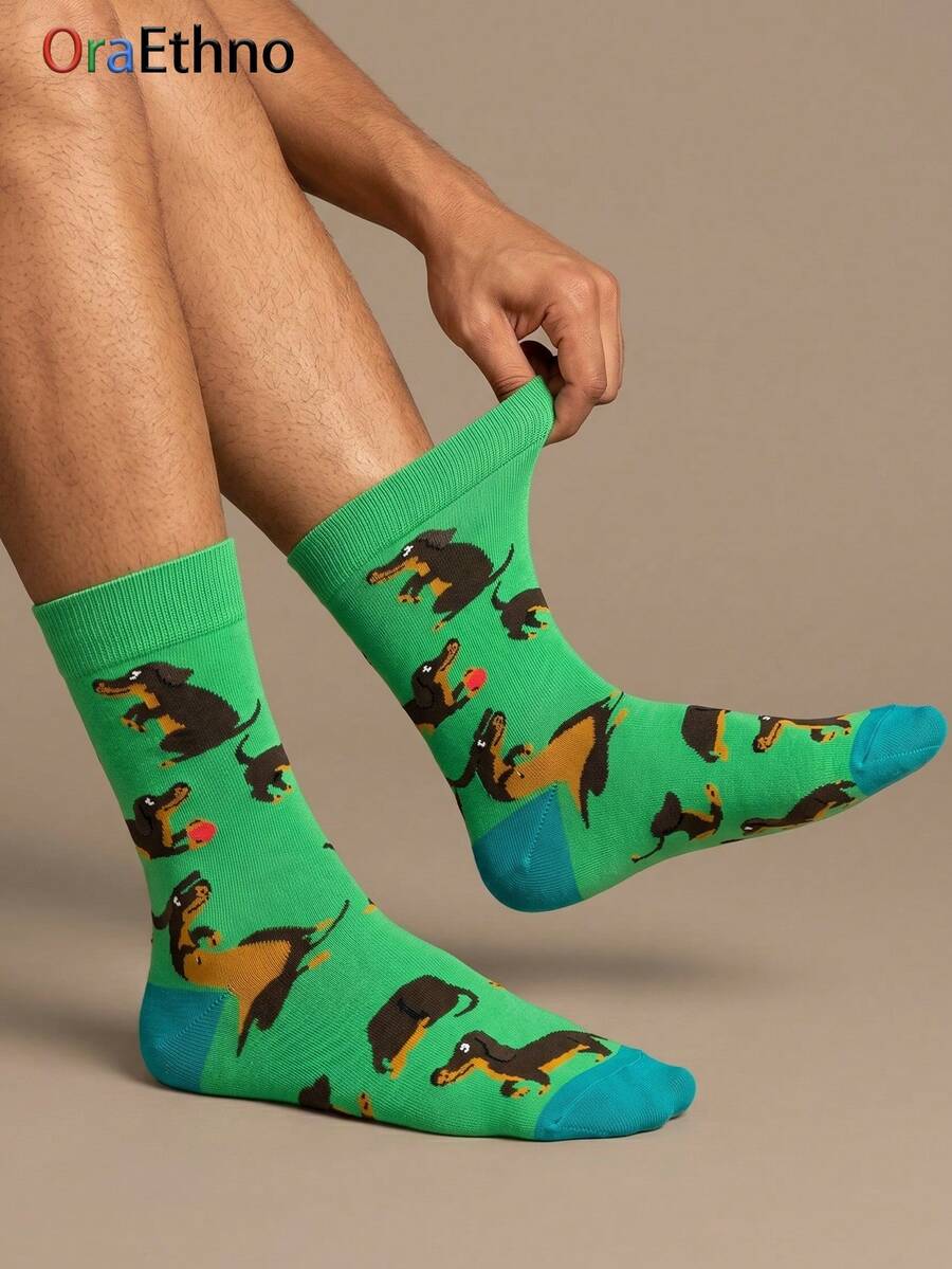 1 Pair Unisex Green Dachshund Pattern Contrast Toe Polyester Breathable Novelty Crew Socks For Daily Wear - Multicolor - View 1