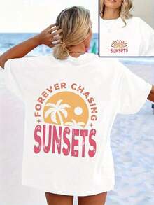 1 pieza de camiseta de manga corta para mujer con estampado de puesta de sol en ambas caras (delantera y trasera) - Blusa suave y transpirable de cuello redondo - Top compatible. |     Conjuntos casuales de verano lavables a máquina, adecuados para primavera, ropa de playa, actividades al aire libre y atuendos informales. Camisetas de verano de 180g, camisetas gráficas para mujer, conjuntos de playa para mujer. Cuello redondo, 100% algodón, tejido suave, manga corta. - Blanco - Ver 1