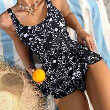 1pc Women's Resort Beach Floral Print One-Piece Swimsuit For Summer Beach Vacation - Negro - Ver 1