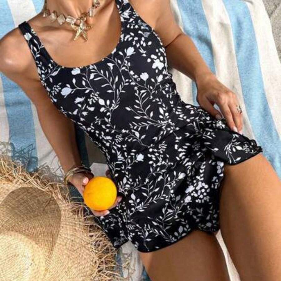 1pc Women's Resort Beach Floral Print One-Piece Swimsuit For Summer Beach Vacation - Negro - Ver 1