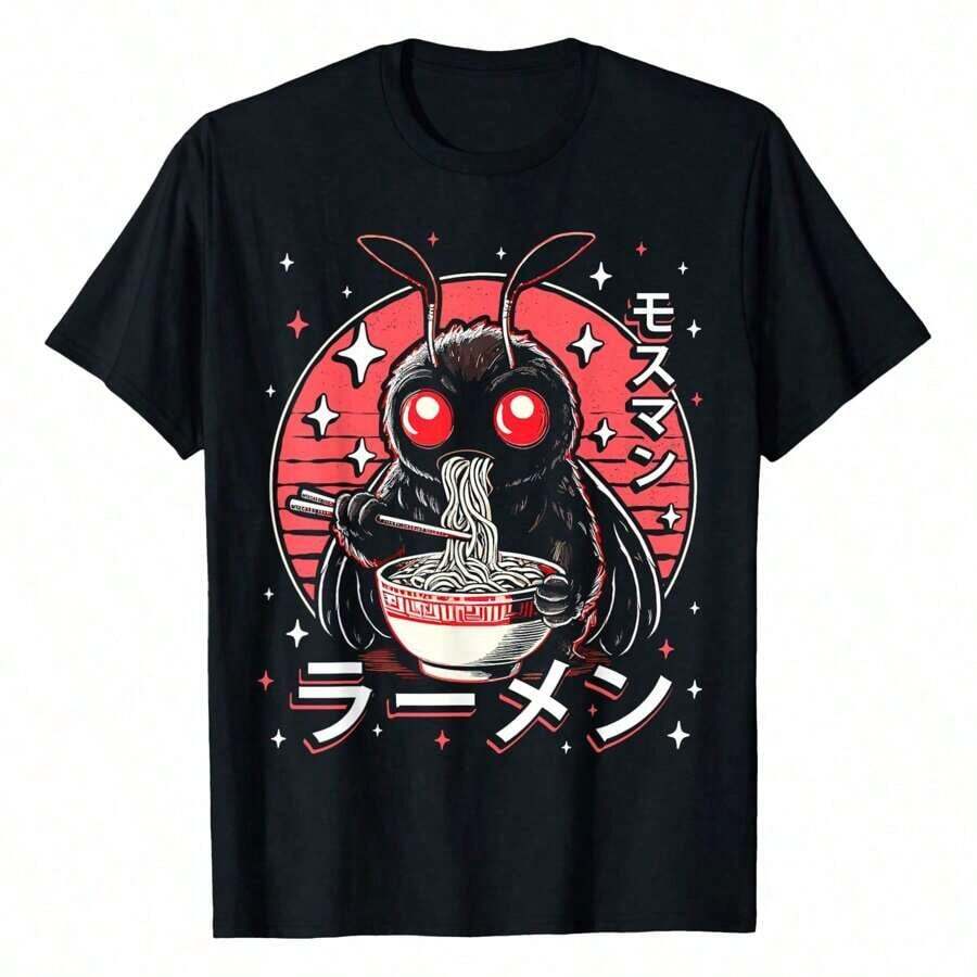 1 pieza de camiseta Kawaii Mothman Ramen Japanese Noodles Aesthetic Otaku Lover, camiseta de talla grande para mujer, el regalo perfecto para las fiestas. 210g 100% algodón, los diseños están completamente impresos. Unisexo. - Negro - Ver 1