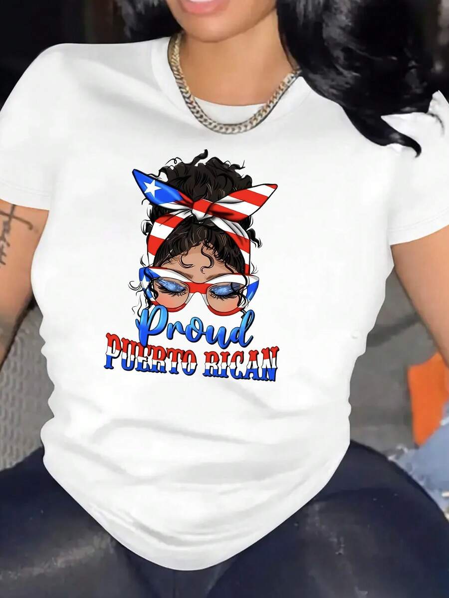 Playera de Mujer con Estampado de Chica Latina "Proud Puerto Rican" Bandera y Gafas Estilo Urbano Casual Suave Cómoda - Blanco - Ver 1