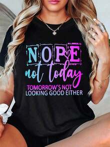 Camiseta Divertida para Mujer con la Frase "NO, hoy no, mañana tampoco se verá bien" - Rosa Neón y Estampado de Letras, Cuello Redondo, Manga Corta, Estilo Casual - Elasticidad Media, Lavable a Máquina, Camiseta de Primavera Verano para Atuendos Casuales y Eventos Temáticos, Camisetas para Damas - Negro - Ver 7