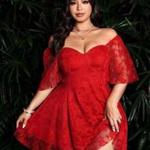 Sunspun Plus Size Women Fashion Romantic Elegant Sweetheart Collar Mesh Short Dress - Rojo - Ver 1
