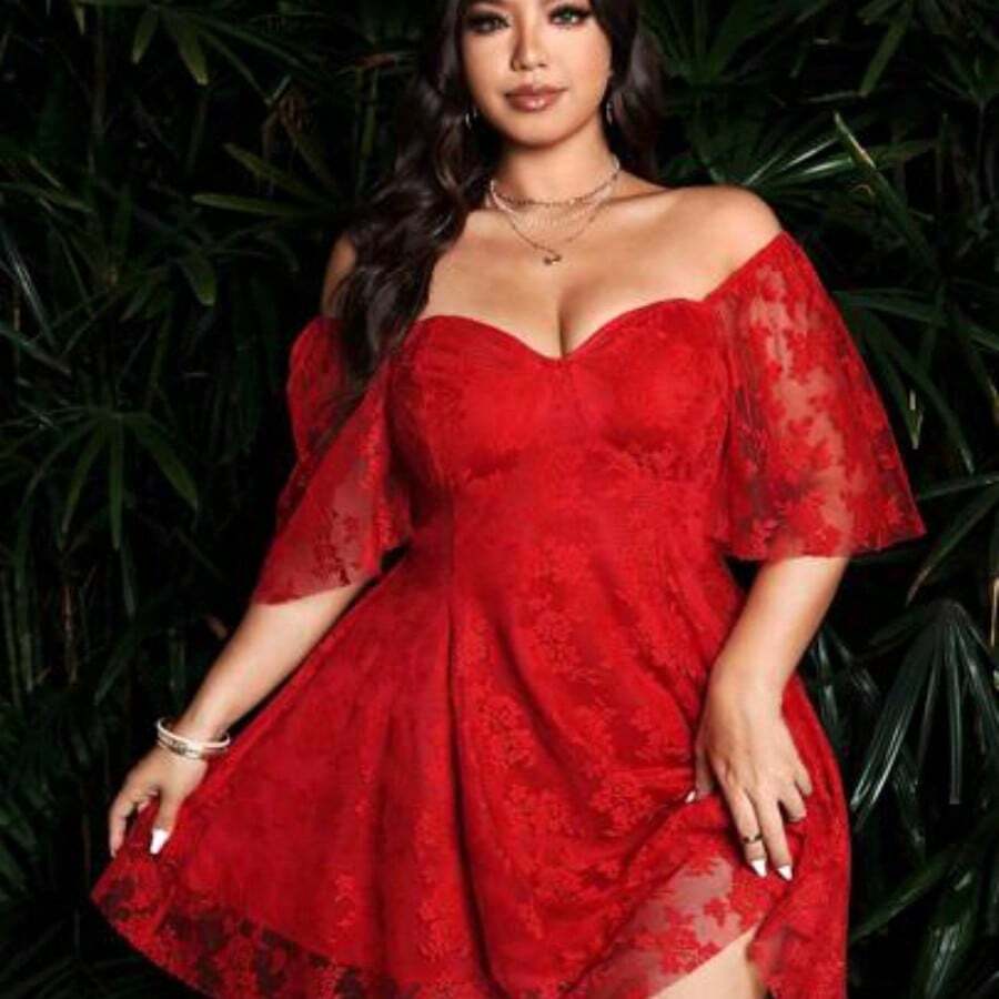 Sunspun Plus Size Women Fashion Romantic Elegant Sweetheart Collar Mesh Short Dress - Rojo - Ver 1