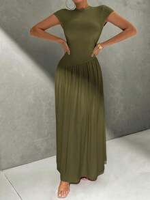 Vestido de línea A de manga corta, de cuello, ajustado, con bajo asimétrico, de uso diario, de estilo minimalista y elegante - Verde militar - Ver 6