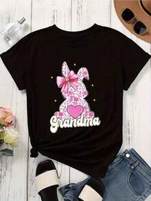 Camiseta Floral Rosa de Conejita de Pascua para Mujer, Regalo Lindo de Primavera, Camiseta Holgada, Unisex, Estilo Casual y Diario, Versátil para Primavera, Verano y Otoño - Negro - Ver 3
