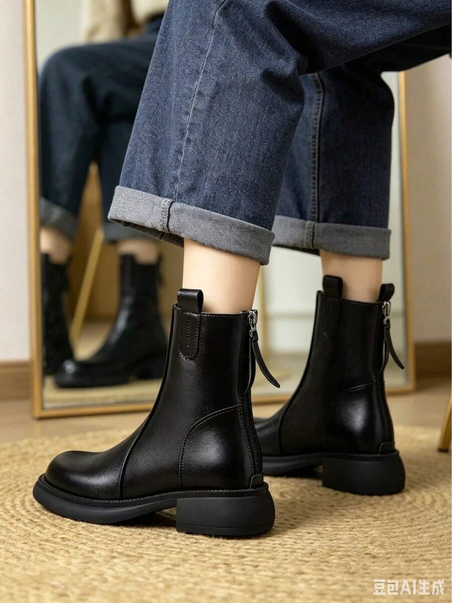 Giày bốt Chelsea cổ thấp dành cho nữ, gót thấp, kiểu Anh, hàng mới về mùa Thu/Đông, bốt cổ thấp có khóa kéo kiểu retro.