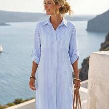 Faunlyn Women's Striped Roll-Tab Sleeve Front Button Shirt Dress For Vacation & Leisure - Caqui - Ver 5