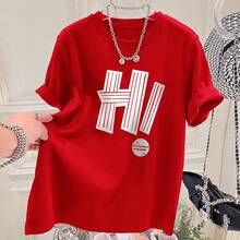Camiseta de manga corta de algodón puro para mujer, nuevo estilo de verano 2024, corte holgado, estilizante, a la moda, de alta gama, versátil, con estampado de letras elegante. - Negro - Ver 9