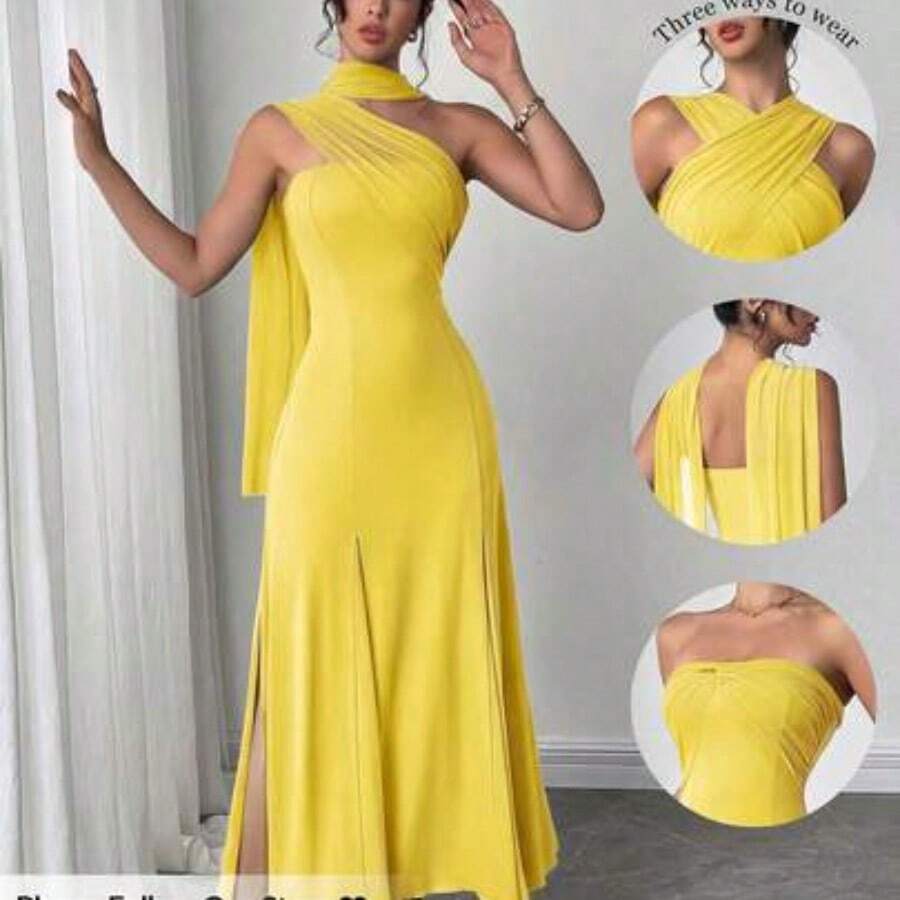 Women's New Casual Elegant Mint Green Ribbon Backless Dress, There Are Three Ways To Wear It, You Can Match It With Different Outfits, Suitable For Daily Casual Outings, Beach Vacations, Garden Parties And Other Occasions/Pride Outfits Women/Acation Outfits Woman/Birthday Dress/Teacher Outfits For Women - Amarillo - Ver 1
