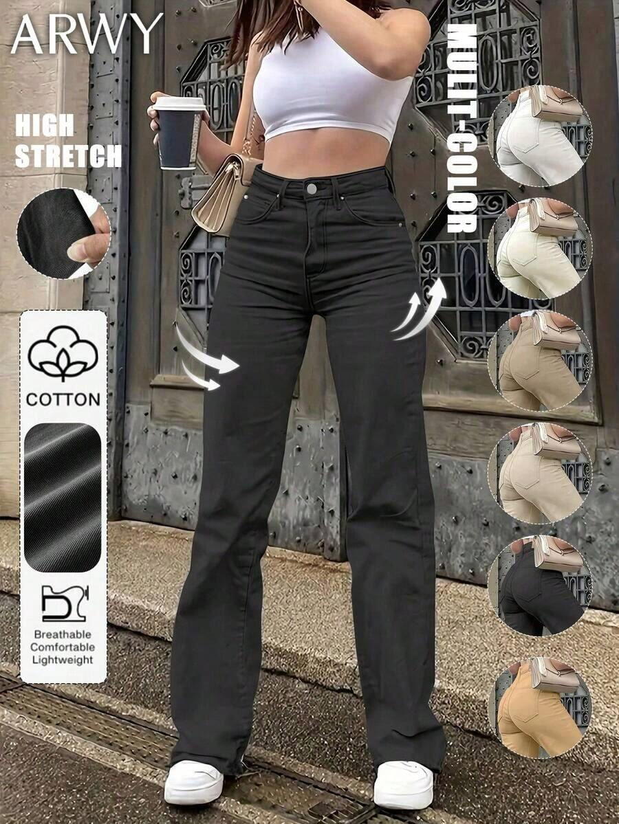 Jeans de cintura alta, unicolor, de corte y ajustado, de estilo minimalista y versátil para mujer, aptos para uso casual, viajes, citas, todas las estaciones, vuelta al colegio, Pascua, Día de la Independencia, Carnaval, Navidad, primavera - Negro - Ver 1